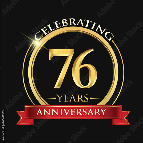 Celebrating 76 years anniversary logo. with golden ring and red ribbon.