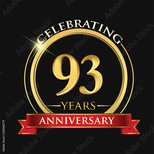 Celebrating 93 years anniversary logo. with golden ring and red ribbon.