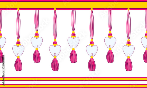 Vector seamless border pattern. Horizontal tassels with teeth, beads and yarn or tread. Pink, rose, yellow colors. Cute decorative element for dentist room, kids background