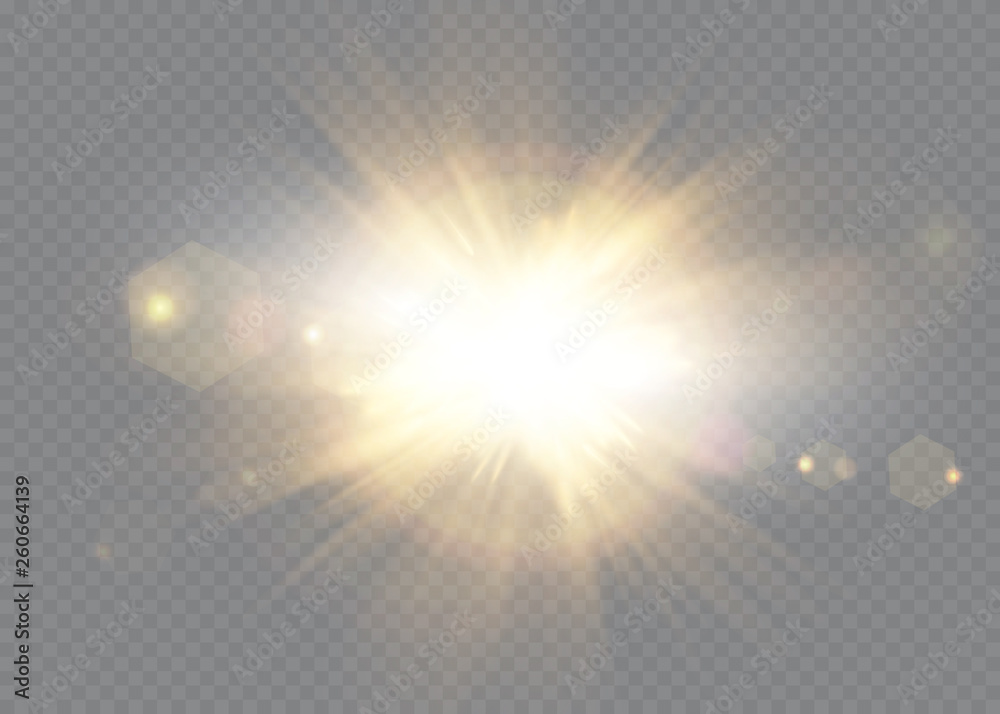 Vector transparent sunlight special lens flash light effect.front sun lens flash. Vector blur in the light of radiance. Element of decor. Horizontal stellar rays and searchlight.