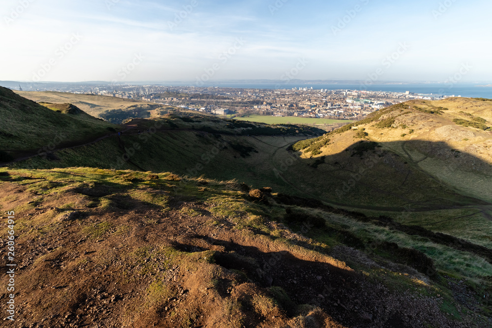 EDINBURGH, SCOTLAND, 20 February 2019, Cityscape of Edinburgh from Arthur's seat in beautiful February sunny day. Edinburgh, the most popular tourist city destination in Scotland