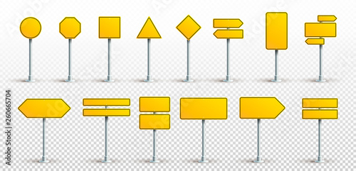 Set of yellow traffic signs. Road board text panel, mockup signage direction highway city signpost location street arrow way. Vector. Illustration. Isolated on transparent background.