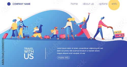 Vector concept banner with travelling people. Happy flat character with luggage, kids and bags. Landing page for vacation, buing avia tickets and travel agency