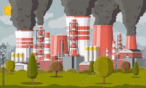 Plant smoking pipes. Smog in city. Trash emission from factory. Grey sky polluted trees grass. Cityscape skyline, urban. Environmental pollution ecology nature. Vector illustration flat style