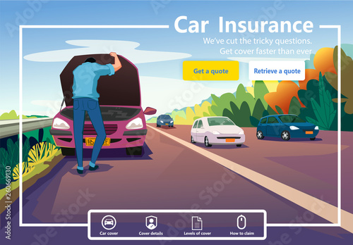 Car insurance website conceptual design. Car insurance services. Man is trying to fix the car on the road.