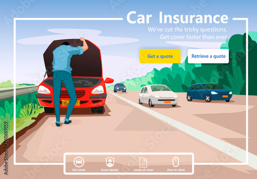 Car insurance website conceptual design. Car insurance services. Man is trying to fix the car on the road.