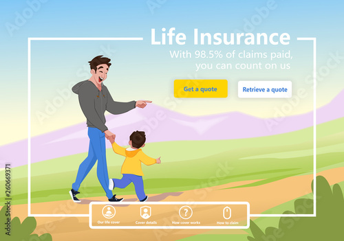life insurance website conceptual design. life insurance services. Father walks with his son. Hike in the mountains. Healthy lifestyle