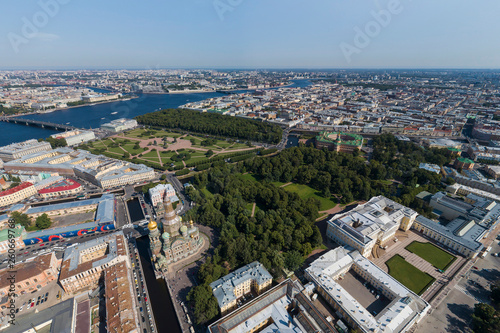 St. Petersburg from a height. Palace District. Cathedral of the Resurrection of Christ (Savior on Blood), Mikhailovsky Garden, Field of Mars, Summer Garden, Neva River. Aerial