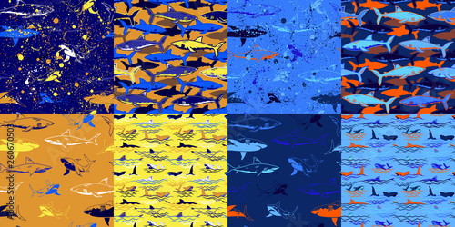 Set of Abstract seamless vector underwater pattern for girls, boys, clothes. Creative background with sharks. Funny wallpaper for textile and fabric. Fashion style. Colorful bright