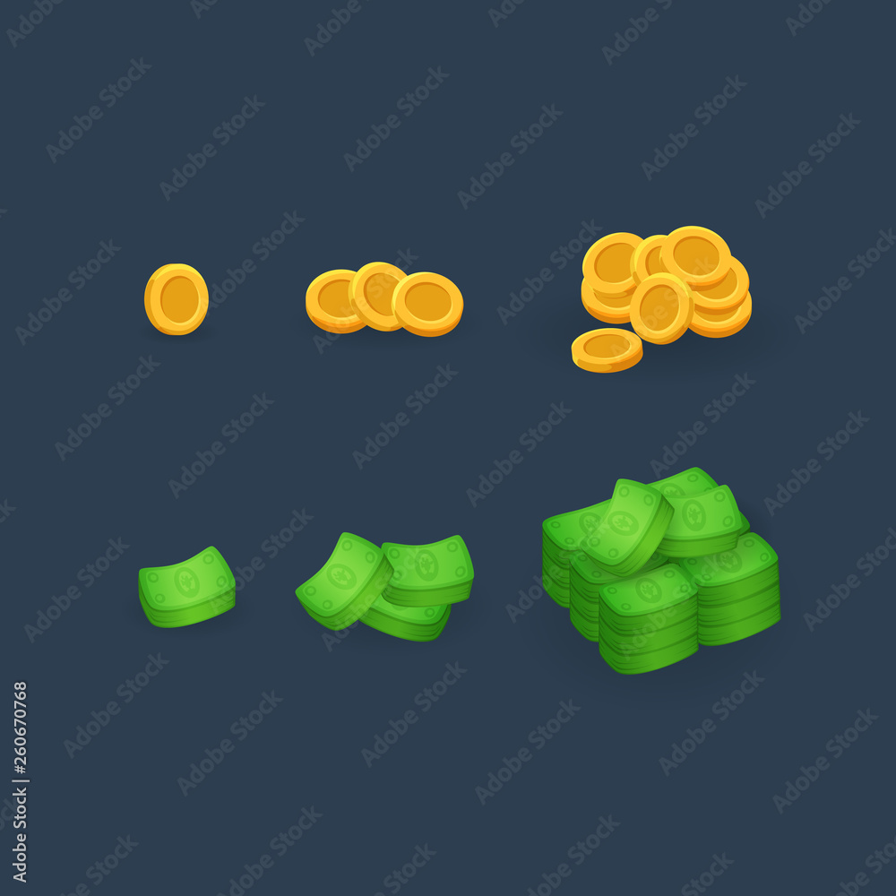 Set of different types of money, coins in cartoon style isolated on dark  background. Vector kit for game development, gui design, ui elements. Stock  Vector | Adobe Stock
