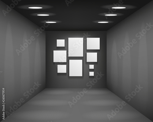 Black showroom art gallery empty museum room interior background perspective with blank paper square frame template vector illustration