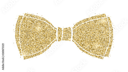 Glittering classical bow. Silhouette of bow tie from sparkling golden dust isolated on white background. Decorative symbol for invitation, weddings, greeting card