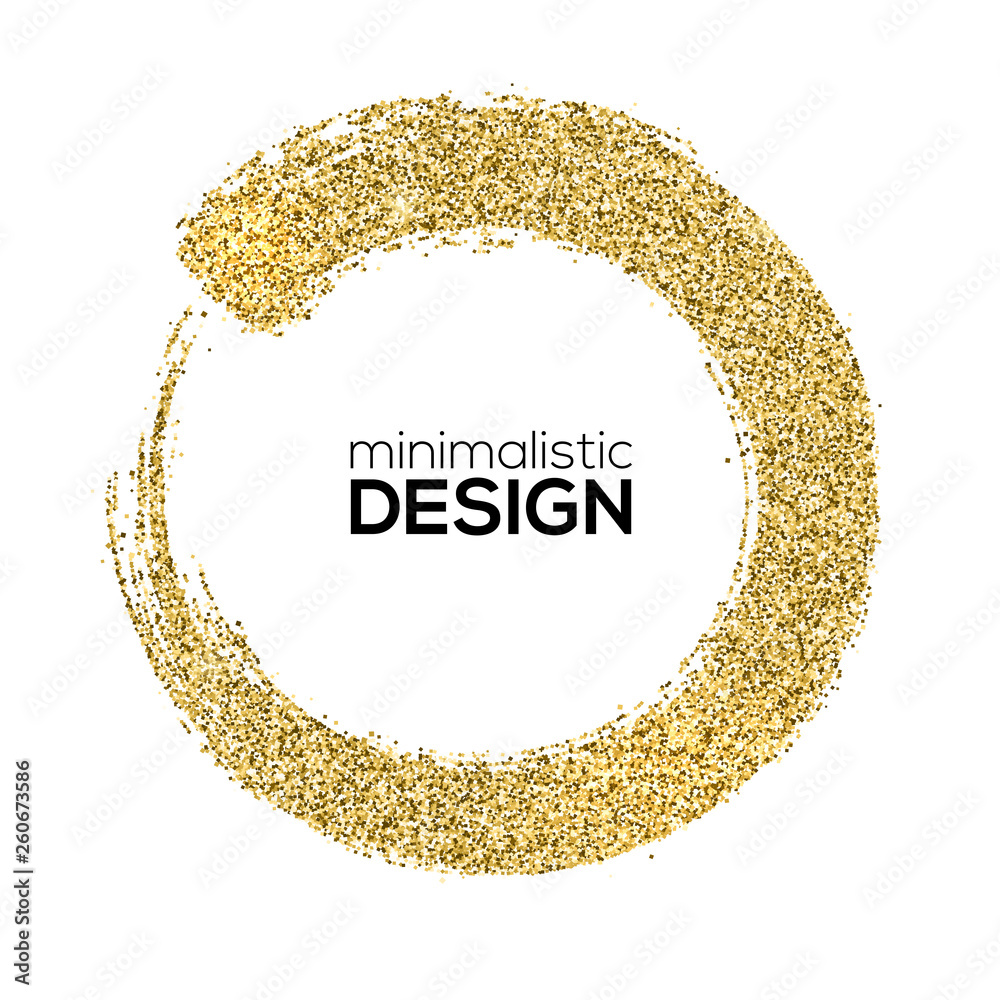 Round brush strokes of Golden sparkling dust, abstract shapes. Daub with golden shimmering glitter isolated on white background. Vector glittering template for logo, exclusive card, vip certificate