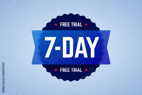 The 7 days free trial emblem. It can be used for application, software promotions for free downloads. Round vector badge with blur glass effect.