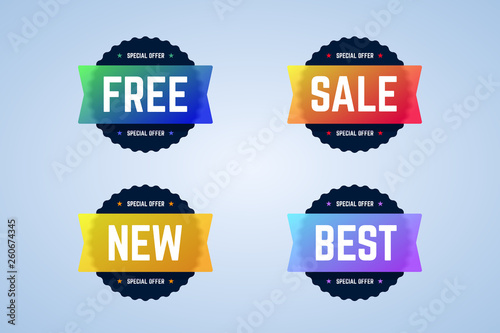 Free, sale, new and best round badges, banners, emblems. Vector emblems for special offers, sales, promotions or discounts. Banners for website and ads. 