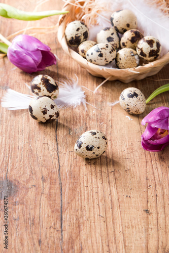 Easter eggs and flower on wooden table. Spring concept on plank