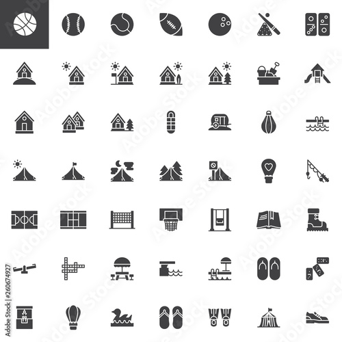 Recreation vector icons set, modern solid symbol collection, filled style pictogram pack. Signs logo illustration. Set includes icons as sport balls, camping house caravan car, forest, summer vacation