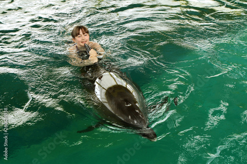 A girl hugs a dolphin in the pool, swimming with dolphins, communication with animals
