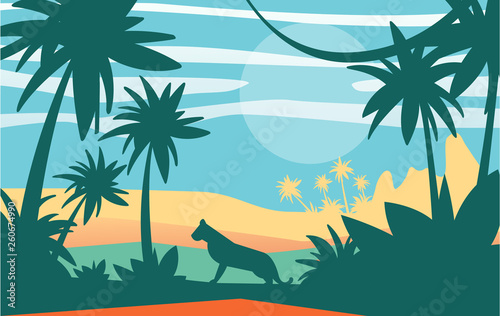 Beautiful scene of nature, peaceful jungle landscape with tiger at day time, template for banner, poster, magazine, cover horizontal vector Illustration