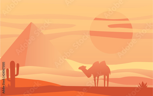 Beautiful scene of nature, peaceful desert landscape with camel at evening time, template for banner, poster, magazine, cover horizontal vector Illustration