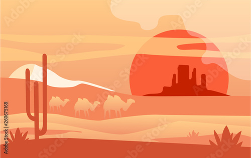 Beautiful scene of nature, peaceful desert landscape with camels, template for banner, poster, magazine, cover horizontal vector Illustration