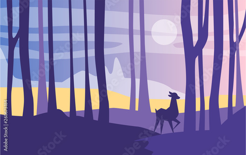 Beautiful scene of nature  peaceful landscape with forest and roe deer at night time  template for banner  poster  magazine  cover horizontal vector Illustration