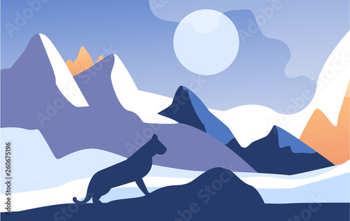Beautiful scene of nature, peaceful mountain landscape with lynx at night, template for banner, poster, magazine, cover horizontal vector Illustration
