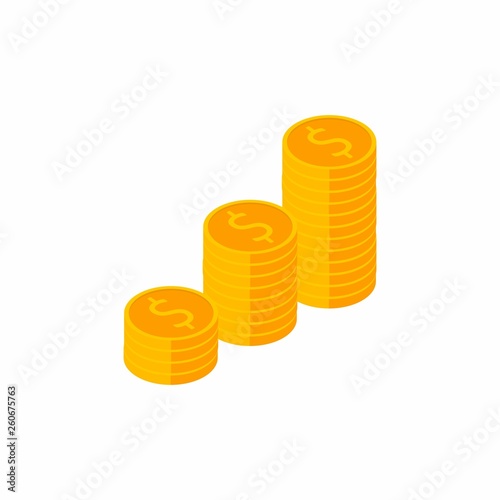 Coin, Dollar, Isometric, Pile of money, Finance, Business, No background, Vector, Flat icon, Dollars Bundles, Gold stack of dollar coins, Money illustration of wealth and condition.