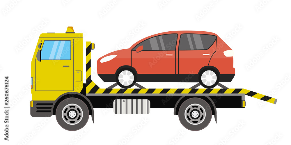 Tow truck with red car on platform,city road assistance service,