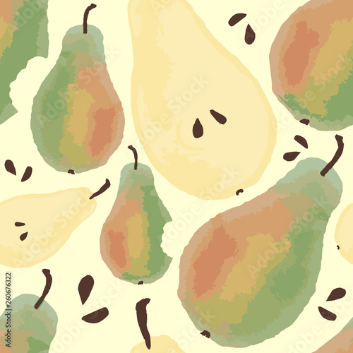 Vector seamless pattern with pears on pastel yellow background