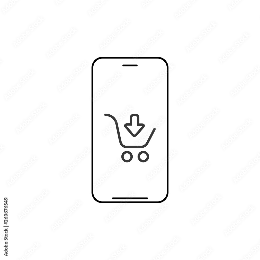 Smartphone shopping app linear icon. Thin line illustration. Smart phone with shopping cart contour symbol. Vector illustration isolated on white background. Smartphone shopping app linear icon. Thin line illustration. Smart phone with shopping cart contour symbol. Vector illustration isolated on white background.