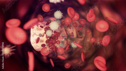 3D illustration of a bloodstream with red cell white cell and platelet