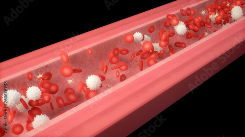 3D illustration of a bloodstream with red cell white cell and platelet