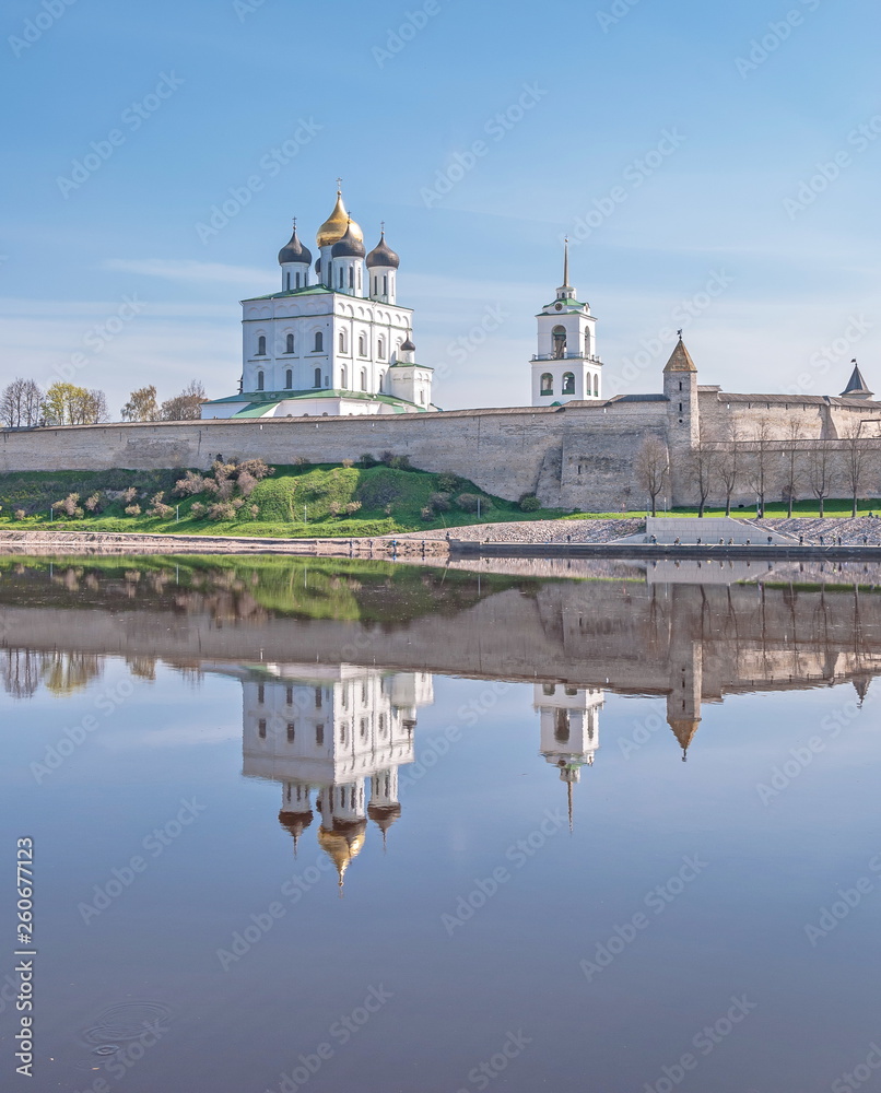 Pskov. Ancient Russian architecture. Pskov Kremlin on banks of  Great River