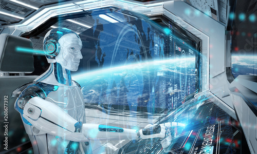 Robot cyborg in a control room flying a white modern spaceship with window view on space and digital graph 3D rendering