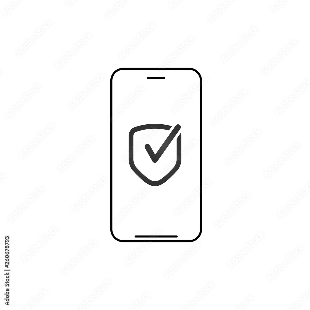 Linear Smartphone, mobile phone with security shield icon with check mark. Vector illustration isolated on white background. Linear Smartphone, mobile phone with security shield icon with check mark. Vector illustration isolated on white background.