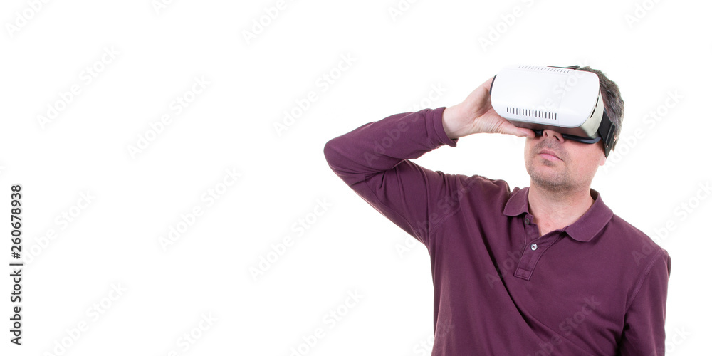template of man using the virtual reality headset in white background and copy space template of man using the virtual reality headset in white background and copy space