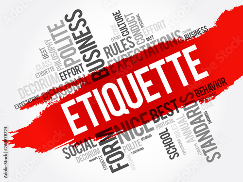 Etiquette word cloud collage, concept on blackboard