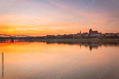 Amazing sunset over Vistula river in Torun, Poland