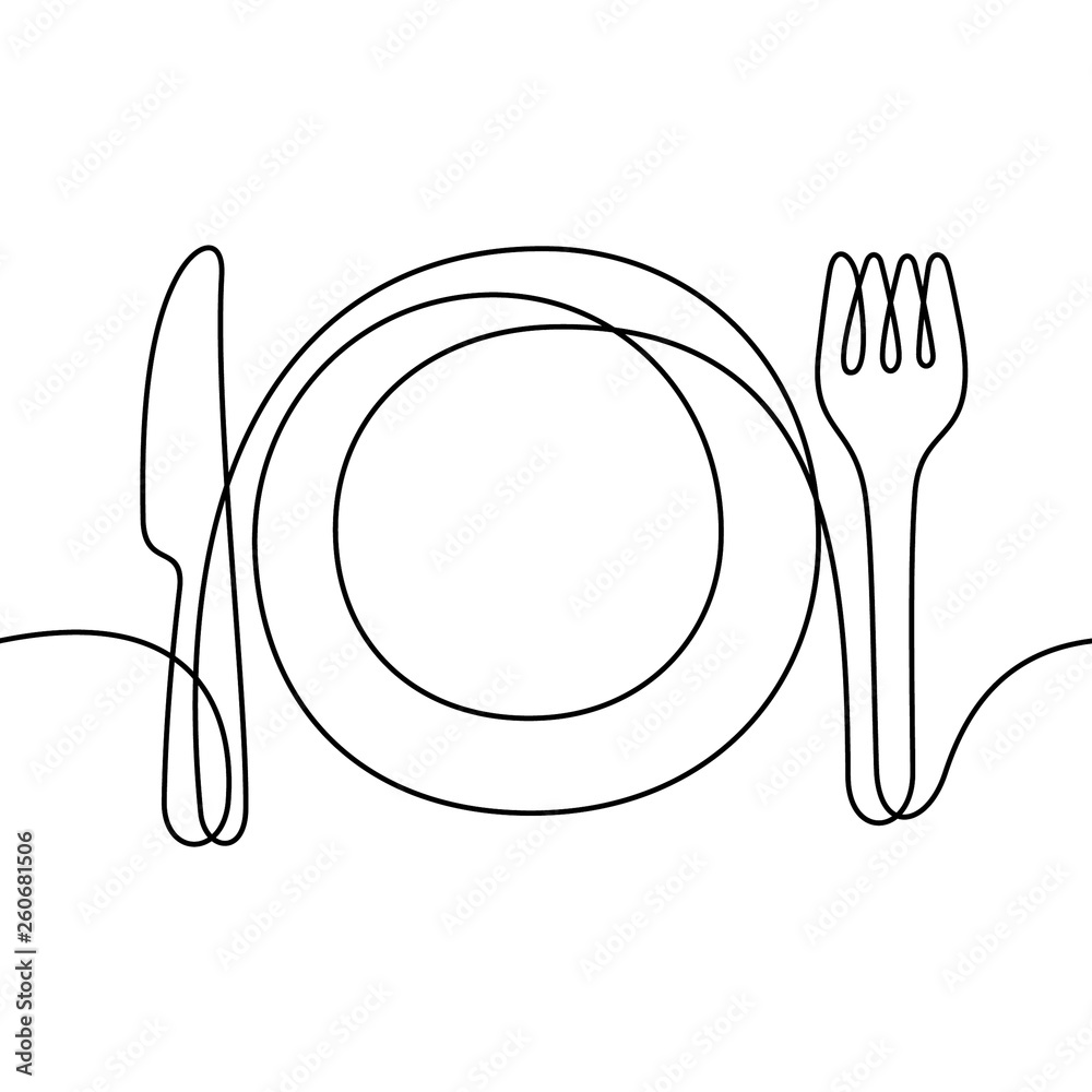 Fototapeta Knife, fork and plate. restaurant menu continuous line vector illustration