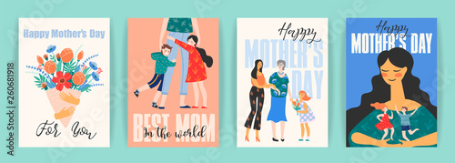 Happy Mothers Day. Vector templates with women and children.