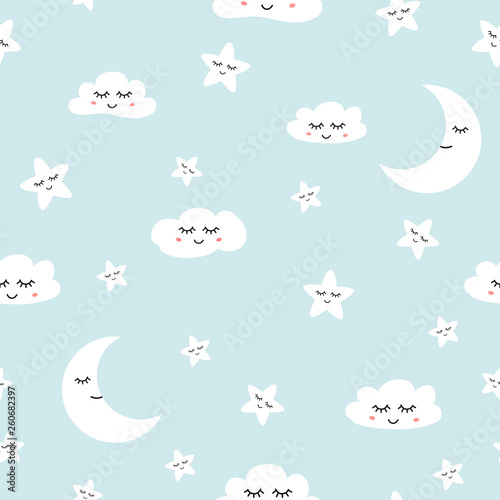 Cloud seamless pattern Sleeping clouds moon stars baby boy background vector