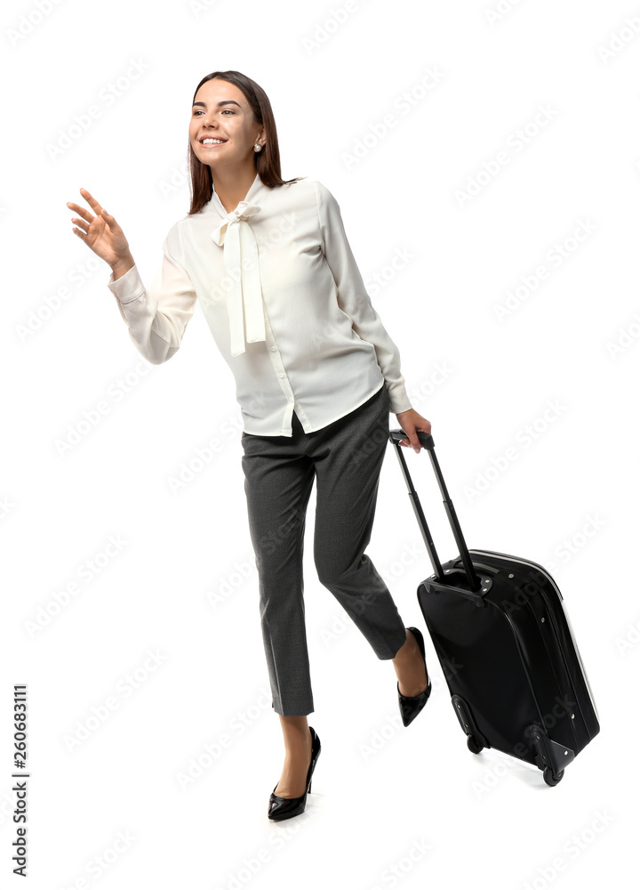 Young woman with luggage ready for business trip, on white background Young woman with luggage ready for business trip, on white background