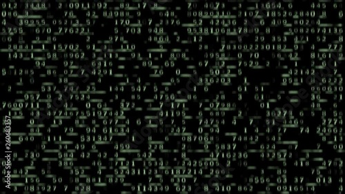 Abstract digital background with moving green numbers and flickering glowing stripes. Animation the transfer of electronic data or security code. Looped animation.