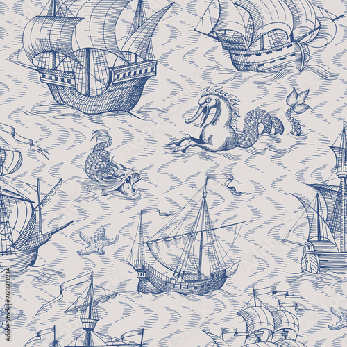 Old caravel, vintage sailboat, sea monster. Seamless pattern