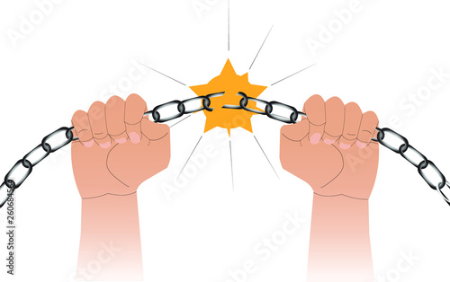 Stuggle for freedom. human,  freedom,  chain,  struggle,  slave,  slavery,  concept,  man,  power,  strength,  free,  fight,  break,  prisoner,  handcuff tear the chain. With flash on break. Isolated. photo