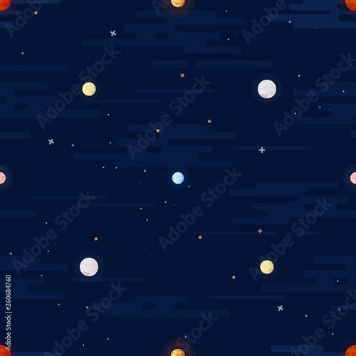 Fototapeta Naklejka Na Ścianę i Meble -  Space print. Seamless vector pattern. Different colored planets of the Solar system and stars.