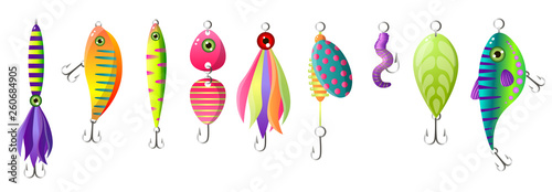 Set of modern colorful fishing bait, different form