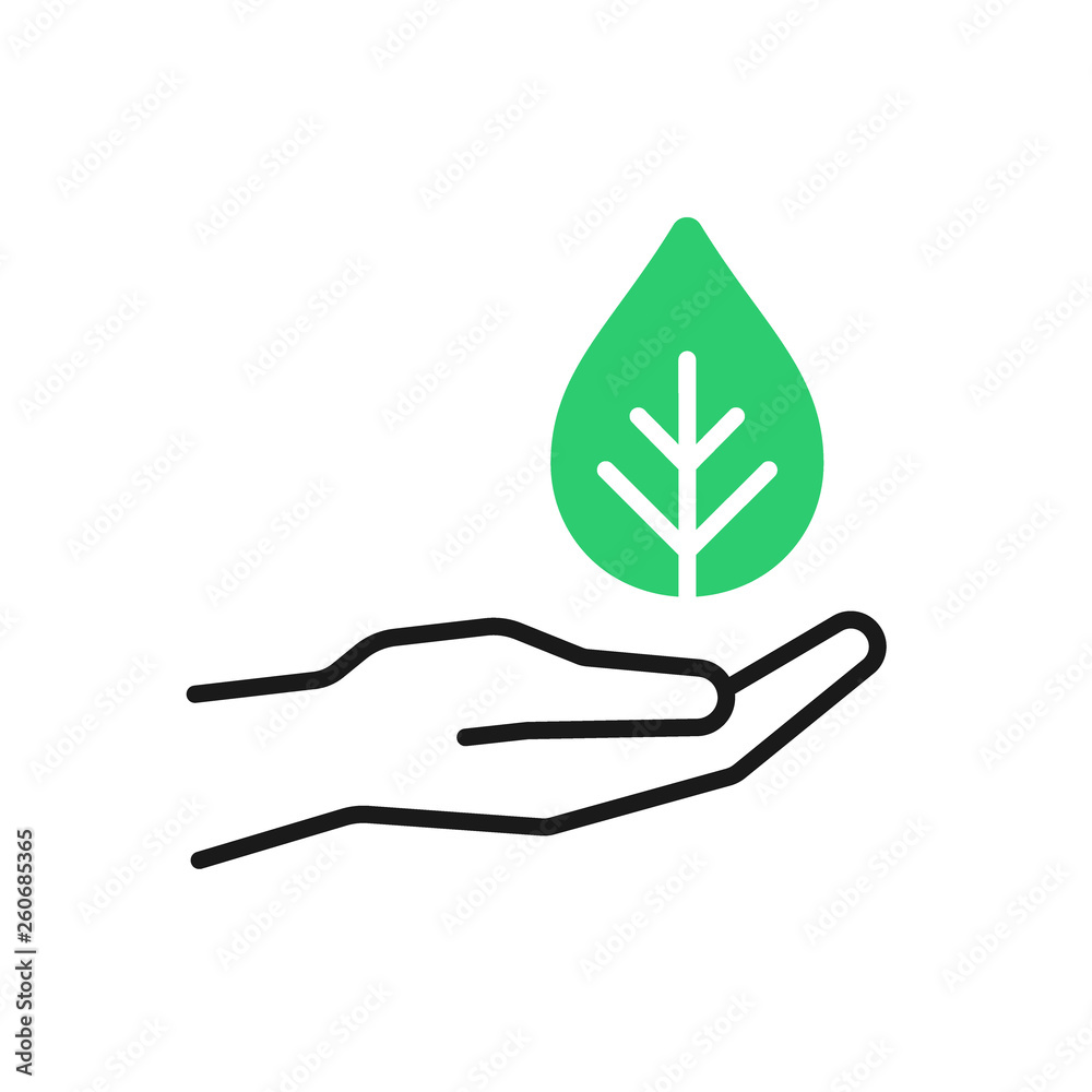 Isolated outline icon of green plant in black hand on white background. Line icon of leaf and hand. Symbol of care, protection, charity. Eco, bio. Isolated outline icon of green plant in black hand on white background. Line icon of leaf and hand. Symbol of care, protection, charity. Eco, bio.