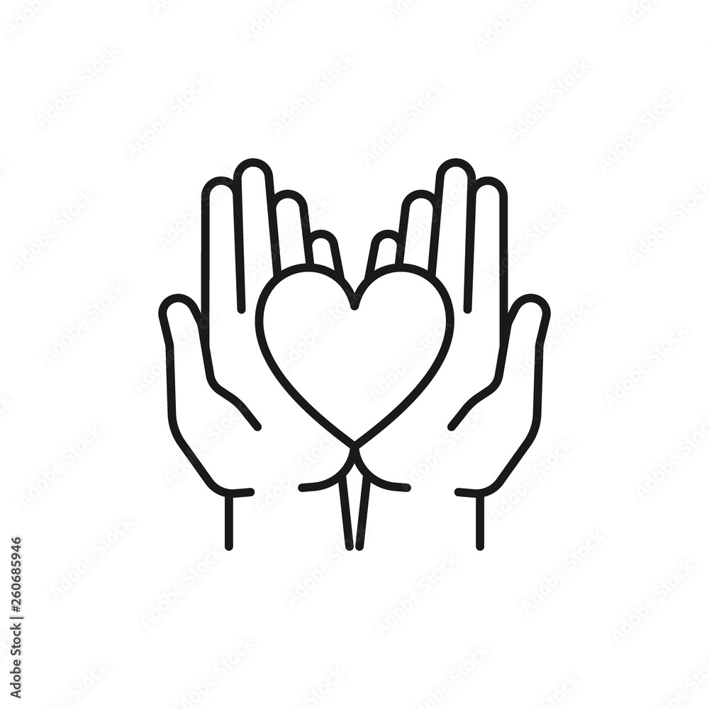 Obraz premium Black isolated outline icon of heart in hands on white background. Line icon of heart and two hands. Symbol of care, love, charity.